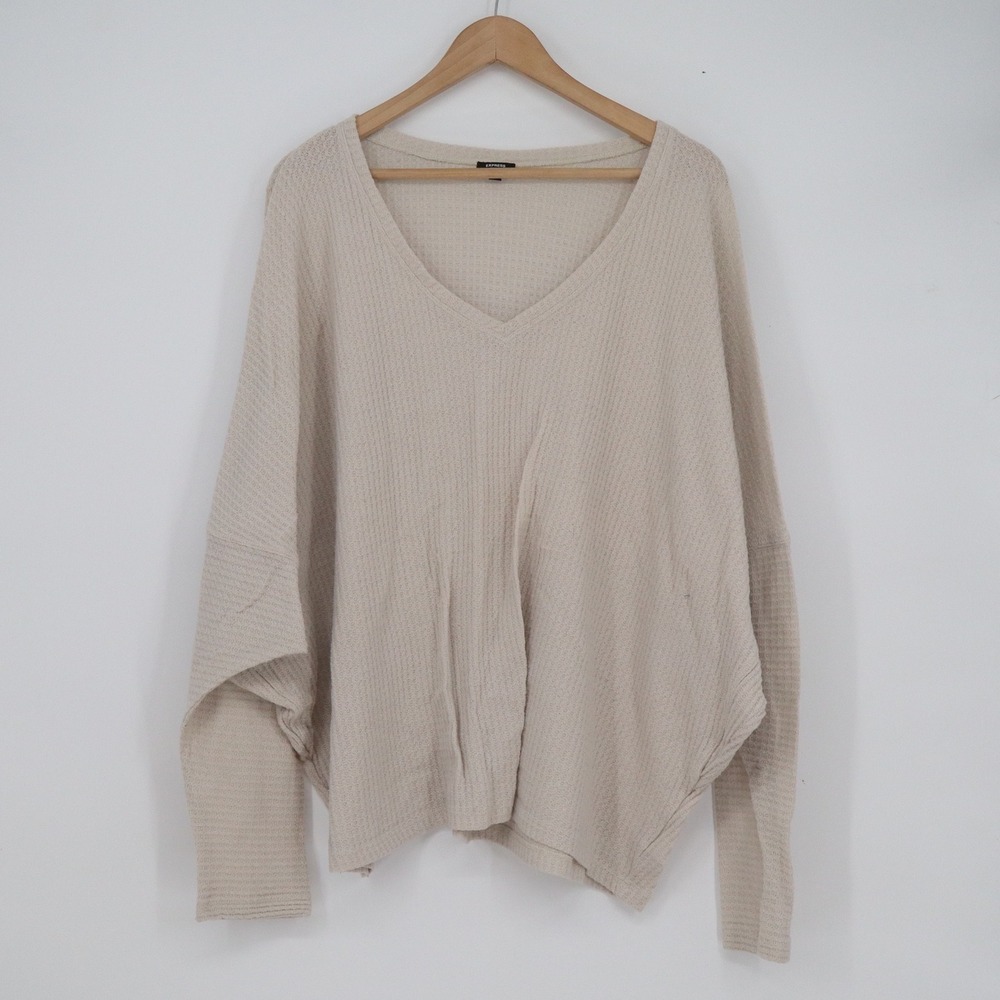 Express Relaxed Waffle Knit V-Neck Batwing Sleeve Top Beige XL